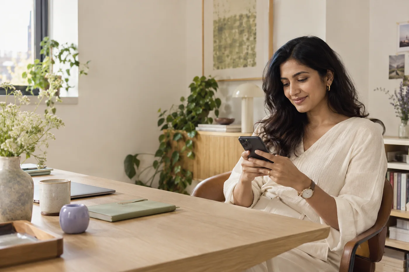 Generated editorial image of a fictional professional using her phone in a contemporary workspace